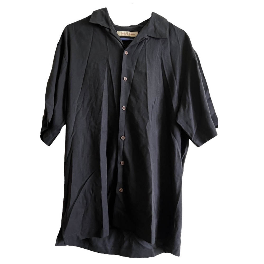 Vintage Tommy Bahama Black Hawaiian Aloha Embroider Silk Button Up Shirt Small